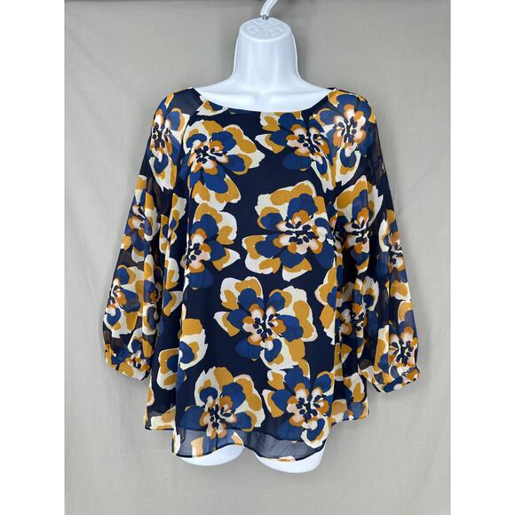 Cabi Top Women Small Blue Floral Lydia Retro Chiffon Cottage Office Boho Capsule - Picture 1 of 7
